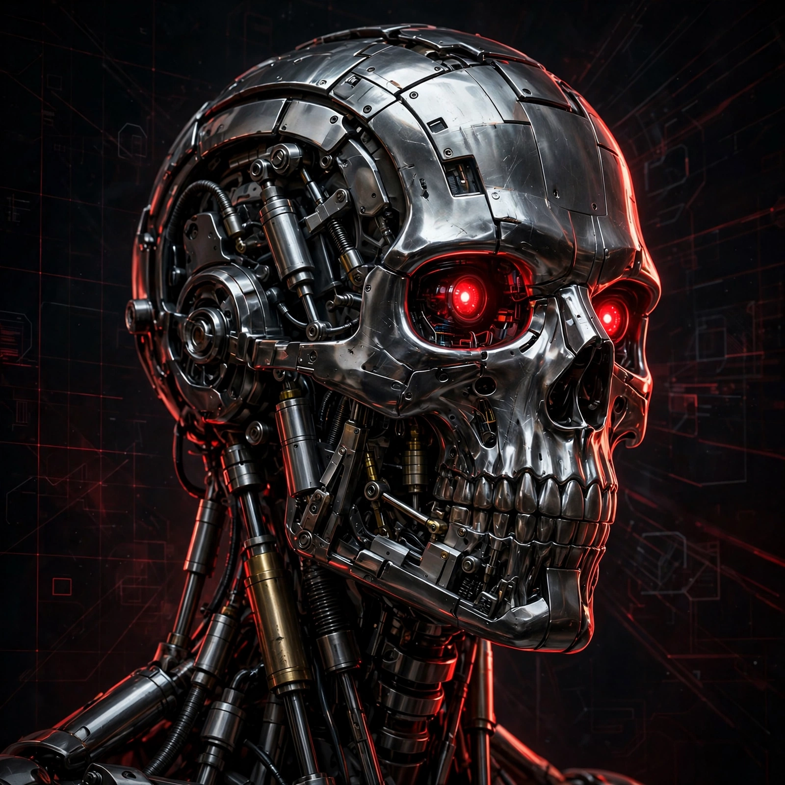 Chrome robotic endoskeleton head with glowing red optics against a dark HUD grid